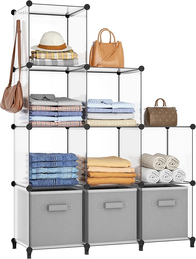 HOMIDEC Closet Organizers and Storage, 9 Cube Storage Organizer, Portable Closet Organizer Storage Cubes Shelves for Clothes, Bedroom, Wardrobe, Kids Room, Bathroom, Transparent
