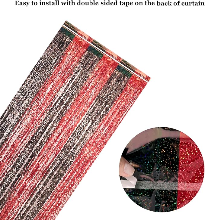 4 Pack 3.3x6.6 ft Red and Black Foil Fringe Backdrop Curtains - Wavy Tinsel Streamers Birthday Birthay Decorations, Fringe Backdrop for Graduation, Xmas, Disco Party