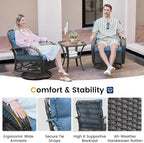UDPATIO Patio Furniture Set 360 Swivel Chair 3 Piece Patio Set Wicker Outdoor Chair with Coffee Table for Yard, Bistro, Balcony, Blue