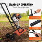 VEVOR Tiller Cultivator, 31CC 4-Stroke Garden Cultivator, Tiller with 4 Steel Adjustable Front Tines for Lawn, Garden and Field Soil Cultivation, Orange