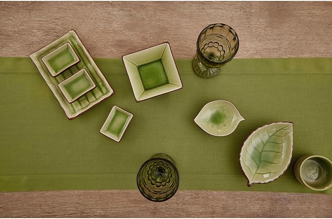 Solino Home Linen Hemstitch Table Runner 108 Inches Long - 100% Pure Linen Avocado Green Table Runner 14 x 108 Inch for Fall, Autumn, Thanksgiving - Classic Hemstitch