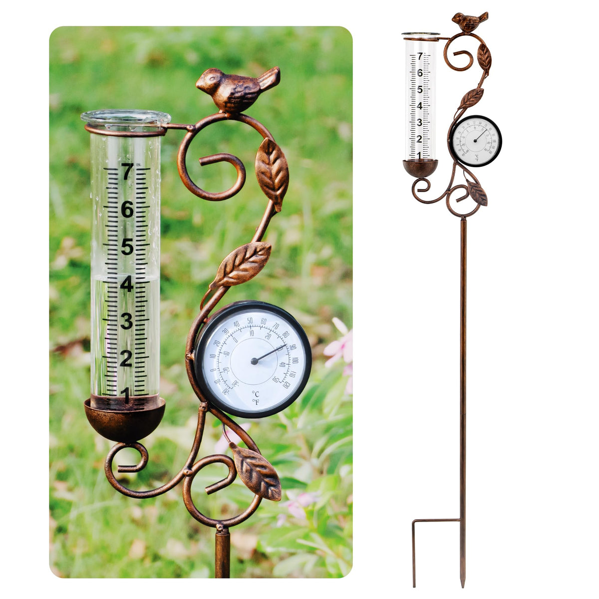 32" Garden Rain Gauge with Thermometer - 7" Glass Tube for Outdoor Indoor Use, Patio Yard Decor Statue
