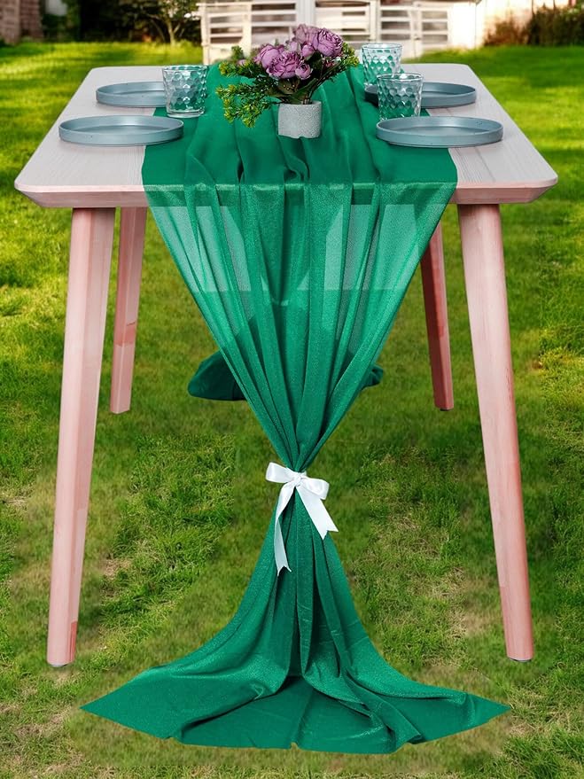 MDS 10 Pack 10ft Chiffon Table Runner 29 x 120 Inches Sheer Wedding Runner Romantic Rustic Table Runner for Wedding Decorations, Birthday Parties, Bridal Shower Party Arch Decor - Emerald Green