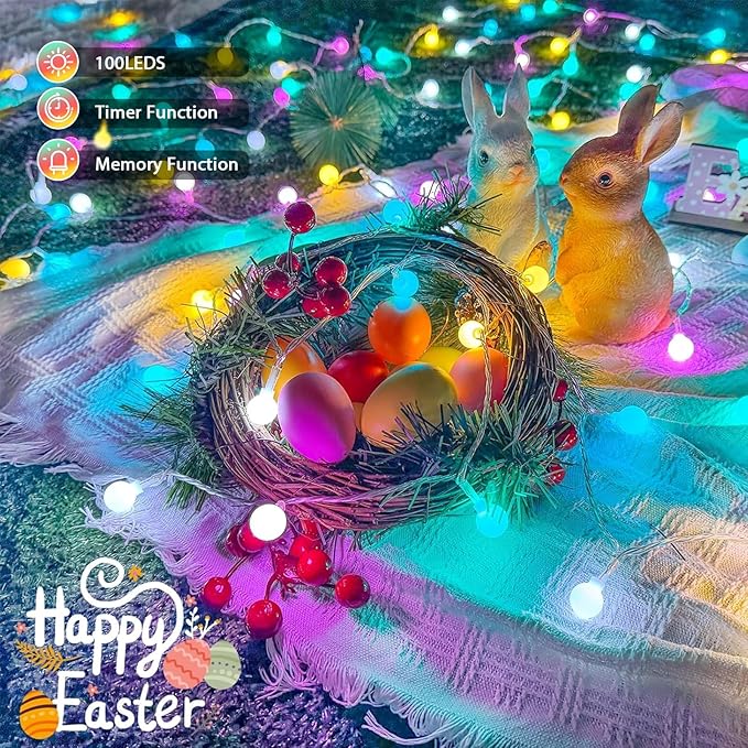 Connectable 100LED Easter String Lights Outdoor Indoor, 43ft Pastel Lights with Timer, 13 Modes Plug in Multicolor Globe Light, Waterproof Twinkle Fairy Light for Easter Decorations Bedroom Decor