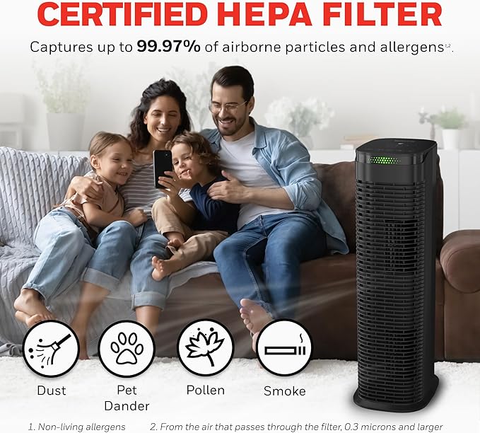 Honeywell HEPA Air Purifier for Home, 990 Ft² Rooms in 1 hour, Auto Mode, Air Quality Indicator, Reduces Dust, Pollen, Pet Dander, All Smoke Types, Odors, Black, HPA180B