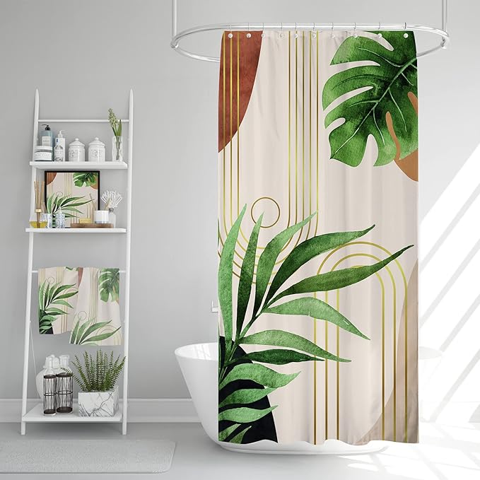 Glawry Small Stall Narrow Shower Curtain 39Wx72L Inches Single Tropical Boho Mid Century Leaves Abstract Bathroom Palm Leaf Plant Green Minimalist Bath Accessories Art Home Decor Fabric 7 Pack Hooks