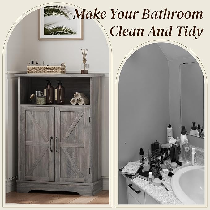Smuxee Farmhouse Freestanding Cabinet Organizer with Barn Door and Adjustable Shelf, Wash Grey, for Bathroom, Kitchen, Living Room