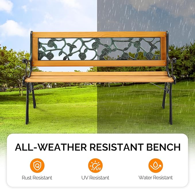 VINGLI Outdoor Bench Metal Garden Bench, Wood Patio Benches w/PVC Backrest Cast Iron Love Seat Park Benches for Porch Yard (Rose)