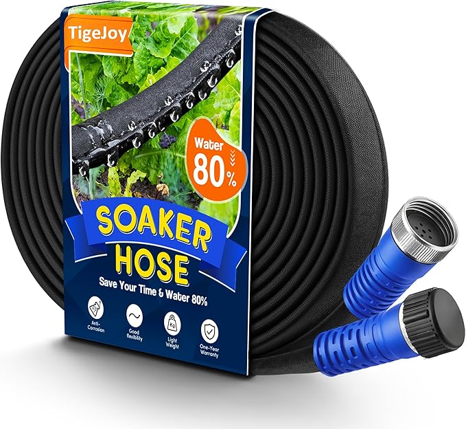 TigeJoy 15FT Flat Soaker Hose, Heavy Duty Double Layer Garden Watering Hose, Flexible Leakproof Drip Irrigation Hose for Raised Beds, Lawns & Vegetables, Save 80% Water