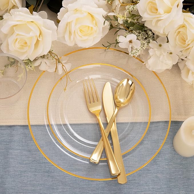 SUT 150 PCS Gold Plastic Plates, Disposable Clear Gold Dinnerware Set with Cups, Includes: 25 Dinner Plates, 25 Dessert plates, 25 Cutlery, 25 Cups, Prefect for Party, Wedding & Shower