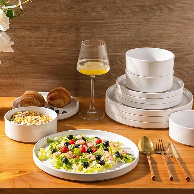 AmorArc Ceramic Dinnerware Set for 8 | Speckled Stoneware Plates and Bowls with Rustic Terracotta Underside| Scratch Resistant,Dishwasher & Microwave Safe Dishes Sets- 24pcs White