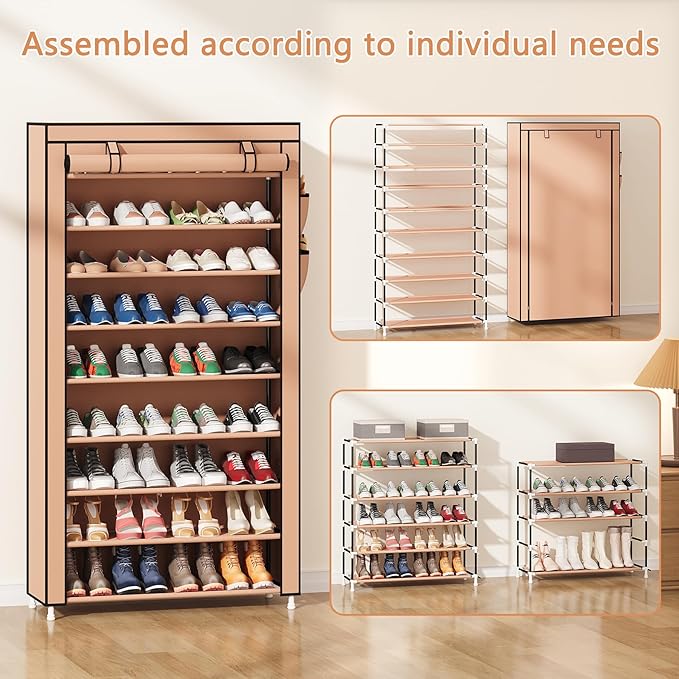 Laiensia 9-Tier Vertical Shoe Rack Organizer, Space Saving Shoe Storage Organizer, Non-Woven Cover Shoe Shelf Holds 36-45 Pairs for Bedroom, Hallway, Closet Entryway, Brown