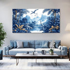 HKDGOKA Jurassic Dinosaurs Wall Art, Large Mountains Tree Landscape Wall Painting Blue Forest Canvas Print Artwork for Boy Bedroom Living Room Classroom Cool Modern Home Decor 29x58 IN