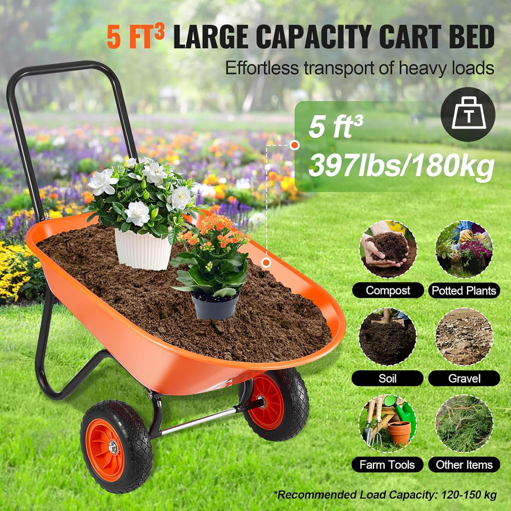 VEVOR Wheelbarrow Cart, 5 Cu. Ft. Load & 397 lbs Capacity, 2 Wheels Garden Dump Cart, Garden Wagon with Handle & 10" Wide Track Wheels, Easy Loading Utility Yard Cart & Wagons for Outdoor Lawn Yard