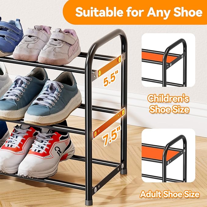 SUFAUY Expandable Shoe Rack Organizer, 3-Tier Metal Adjustable Shoe Shelf for Closet Entryway, Black