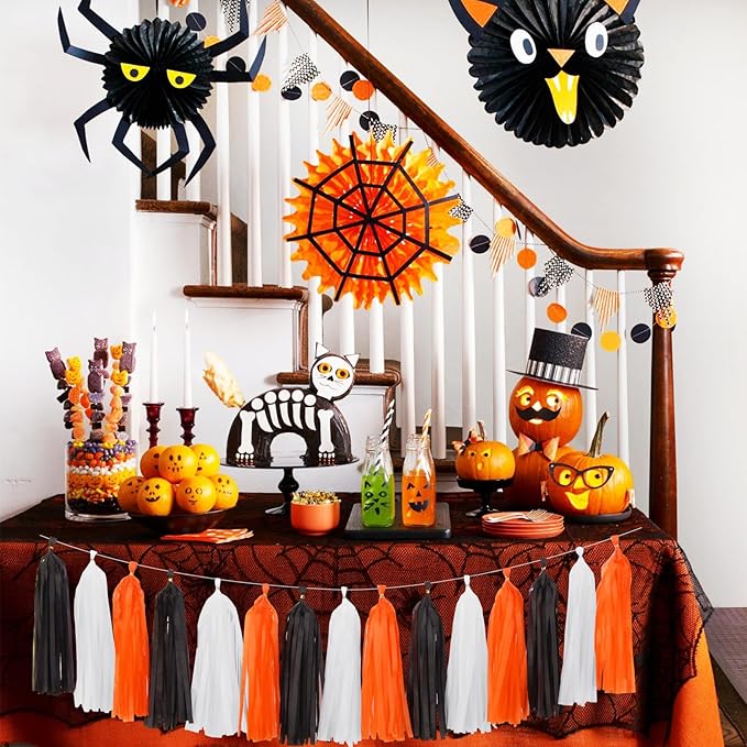 Black-White Orange Halloween Party-Decorations Tassel-Garland - 15pcs Graduation 2025 Supplies Tassels, Birthday Wedding Baby Bridal Shower Decor Panduola