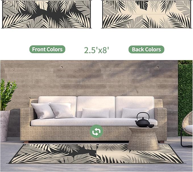 GENIMO Outdoor Rug 2.5' x 8' Waterproof for Patios Clearance, Reversible Outdoor Plastic Straw Camping Rug Carpet, Large Area Rugs Mats for RV, Camper, Deck, Balcony, Porch, Beach, Black&Beige