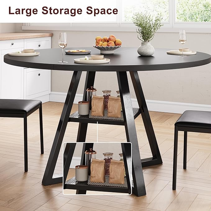 Round Dining Table for 4,Kitchen Dining Room Circle Dinner Pedestal Table,Space Saving Wood Kitchen & Dining Room Furniture (Black, 47In)