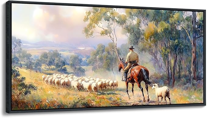 JEAWA Framed Canvas Wall Art - 20x40 IN Western Shepherding Landscape Painting, Country Picture with Trees, sheeps and Fine Horse, Shepherd Art Prints for Bedroom Bathroom Home Decoration