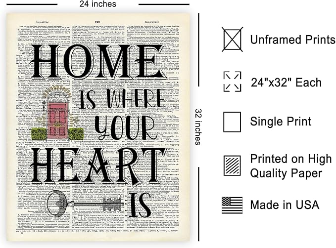 Poster Master Dictionary Art Poster - Home Is Where Your Heart Is Print - Motivational Art - Gift for Men & Women - Inspiring Wall Decor for Dorm, Bedroom or Living Room, 24x32 Unframed Wall Art
