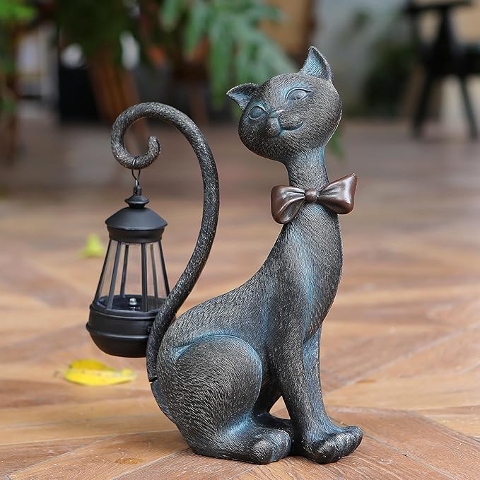 Whimsical Outdoor Cat Statues with Solar Garden Lantern:Cat Garden Statues for Outside Spring Decor Clearance,Outdoor Figurine for Yard Art Lawn Ornaments Patio Balcony Home House - Birthday Gifts