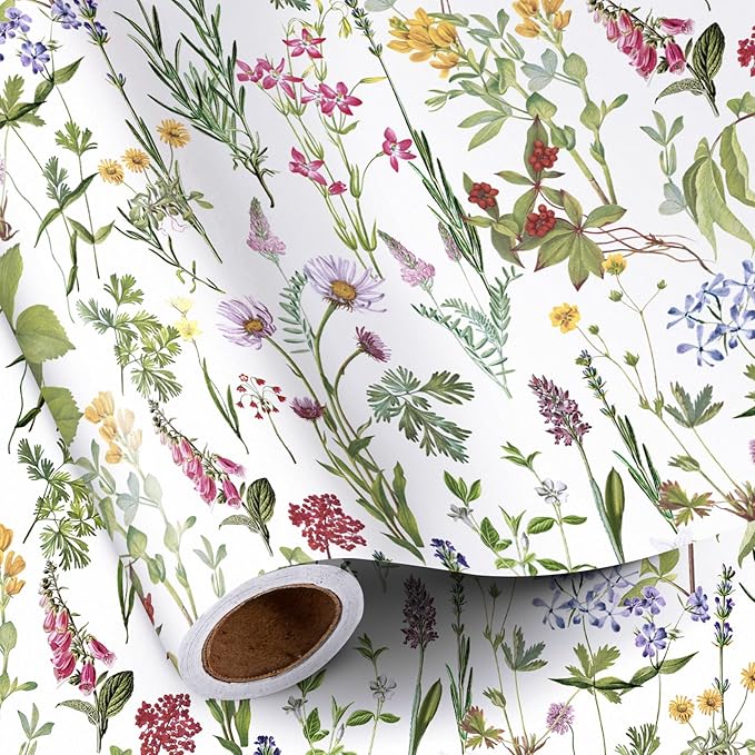 RUSPEPA Floral Wrapping Paper Roll for Women Girls, Mini Roll, Elegant Wild Flower Design Gift Wrap Paper Perfect for Birthdays, Bridal Shower, Spring, Wedding, Mother's Day, 17 Inch x 16.4 Feet