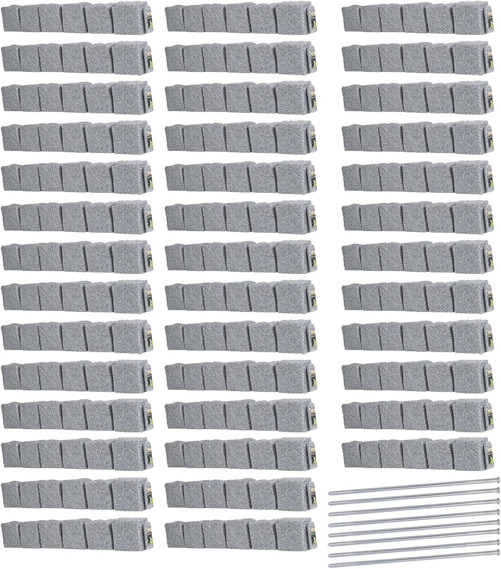 Beuta Landscape Edging | Garden Edging Border | Faux Stone Blocks for Lawn Edging, Flower Beds & Yard Edging – 40 Pack | Each Section Has 6 Blocks 48" L x 4" W x 6.5" H | 80 Spikes | Greystone