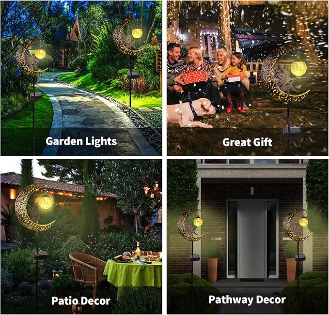 Solar Garden Lights Outdoor Decor,Moon Fairy Crackle Glass Lights,Waterproof Warm White LED Metal Stake Ornament,for Walkway Backyard Patio Lawn Pathway Decorations-Unique Gift Ideas for Gardening