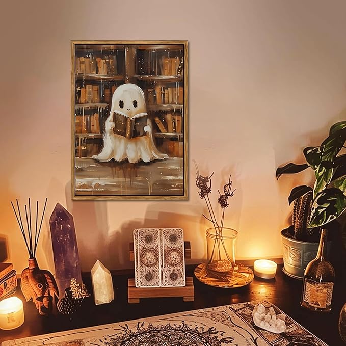 Vintage Framed Ghost Reading Books Canvas Wall Art for Home Office - Halloween Academia Cute Ghost Picture Paintings Prints, Halloween Room Aesthetic Decor for Living Room Bedroom 12x16 inch