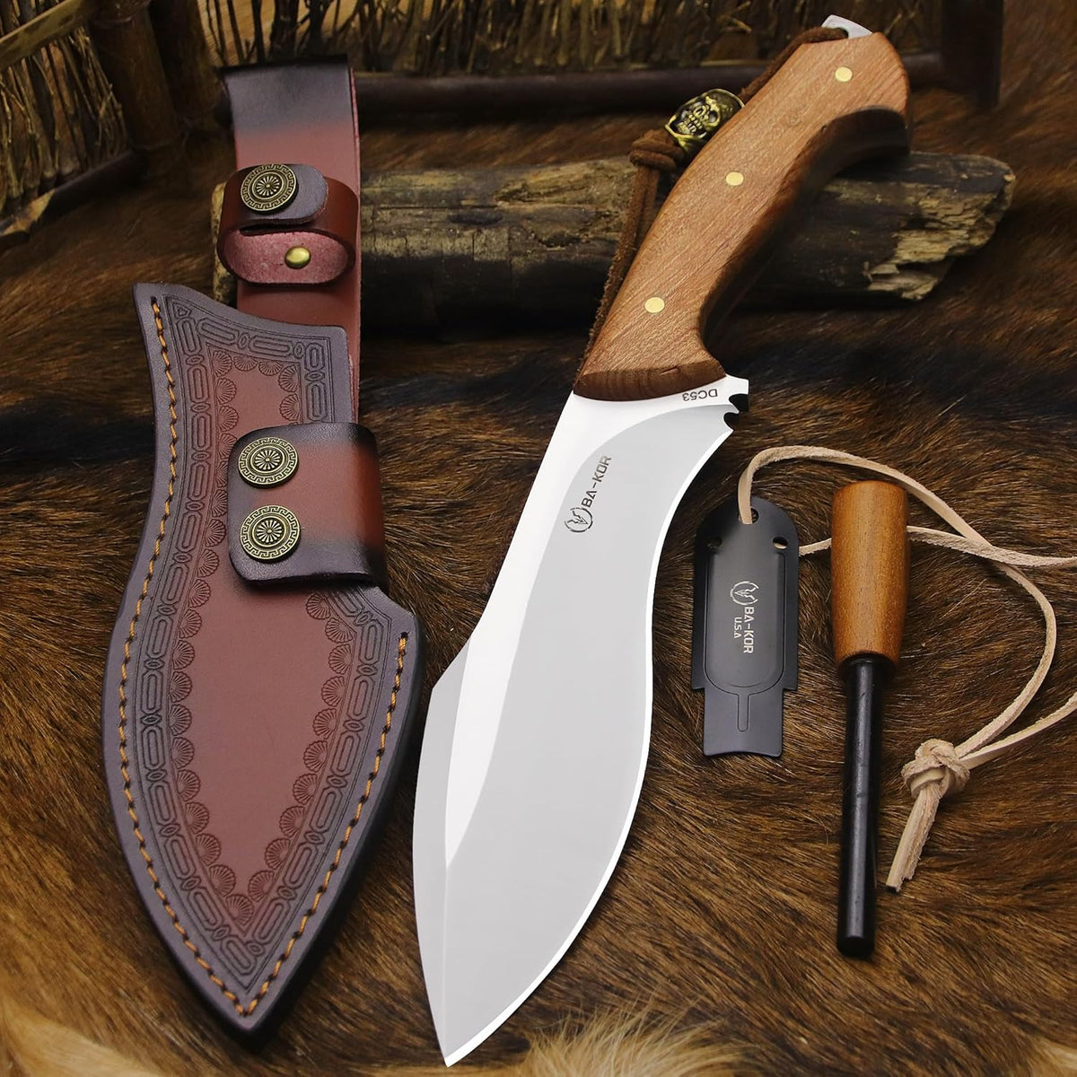 BA-KOR (Survivor III) 35.5CM (14.2 ") DC53 steel 10mm thickened full Tang fixed knife+ leather sheath &(5.9IN) Cerium Igniter, suitable for outdoor hunting, cutting, chopping, camping, obstacle removal, exploration, fishing, EDC, BBQ
