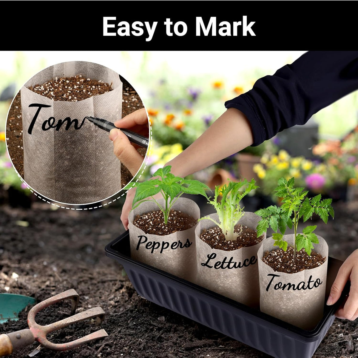 Nursery Grow Bags, 100 PCS Non-Woven Plants Grow Bags 7.8"x8.6", Solid Seed Starter Bags Fabric Seedling Pots Plants Pouch Home Garden Supply