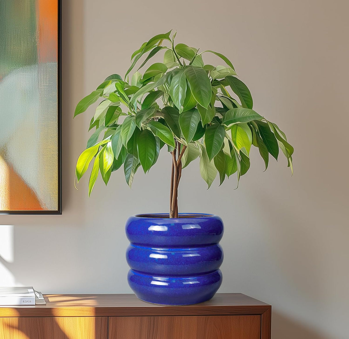 SQOWL 8 Inch Plant Pot - Ceramic Planter Indoor Plant Pot with Drainage Hole Outdoor Flower Pot Round Decorative Plant Pots for Kitchen Counter Desk Decor Blue