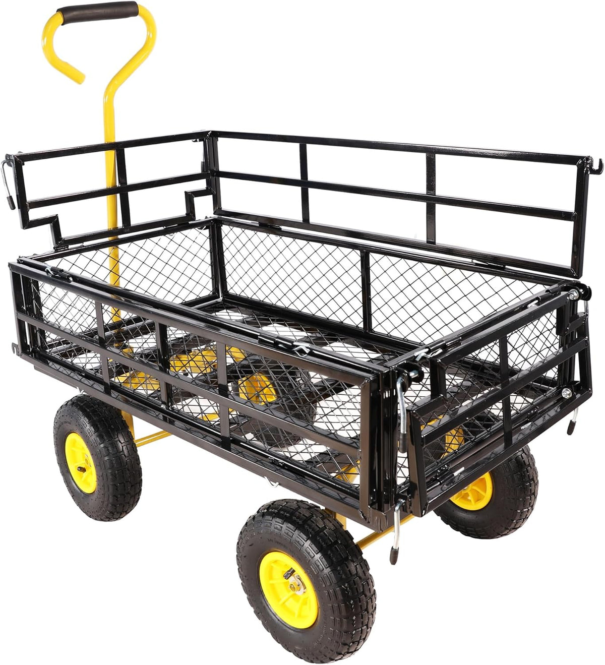 Heavy Duty Garden Wagon with Foldable Sides, Pneumatic Tires, Adjustable Handle (Yellow + Black Double Layer)