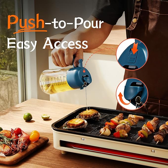 TrendPlain 16oz/470ml Glass Olive Oil Sprayer for Cooking - 2 in 1 Olive Oil Dispenser for Kitchen Gadgets, Air Fryer, Salad, and BBQ - Navy