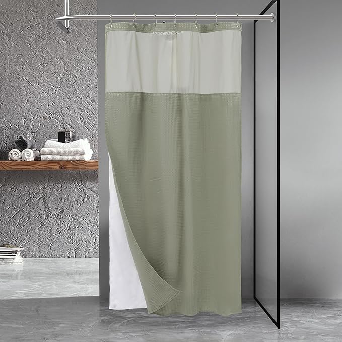 N&Y HOME Stall Waffle Weave Shower Curtain with Snap-in Fabric Liner & Hooks Set - 36" x 72" Small Shower Stall Size, Hotel Style & Mesh Top Window, Machine Washable - 36x72, Sage Green