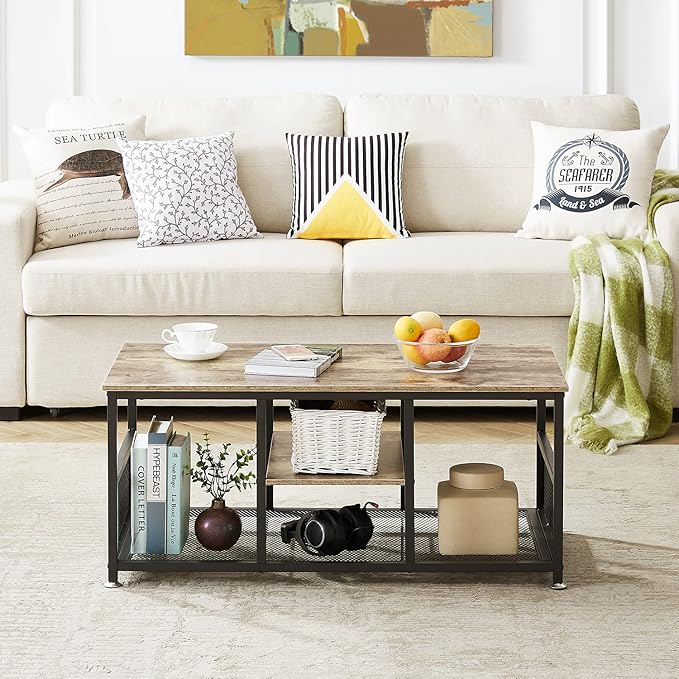 VECELO Coffee Center Table with Storage for Living Room Office Reception, Industrial Mesh Shelf, 39.4 Inch, Grey