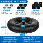 4.80/4.00-8" Flat Free Wheelbarrow Tires and Wheels, 14.5" Universal Fit Solid Tires with 5/8" or 3/4" Bearing, 3"-7" Hub, Adapter Kit Hand Truck Wheels Replacement for 3.50/2.50-8", 4.00-6"etc, 2 PCS