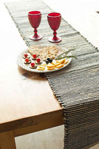 Chardin home Natural Jute Table Runner 13x108 Inch – Vintage Boho Rustic Table Decor – Handwoven Long Table Runner in Natural Jute and Black – Farmhouse Dining or Console Table Accent