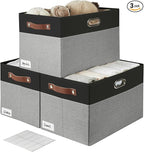 Large Collapsible Fabric Storage Bins with 3 Handles, Foldable Organizer Baskets for Closet, Shelves, Living Room | 3 Pack, Durable PU & Metal Handles (17"x11.8"x11.8", Black & Gray)