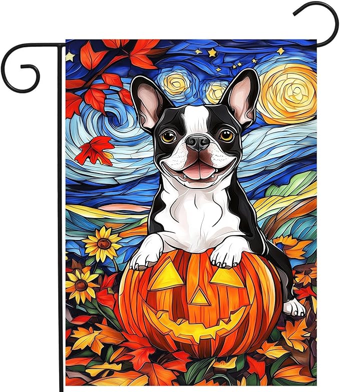 Stained Glass Boston Terrier Fall Garden Flag Halloween Pumpkin Yard Signs Autumn Sunflower Thanksgiving Banner for Outside 12x18 Double Sided Small Dog Outdoor Decorative