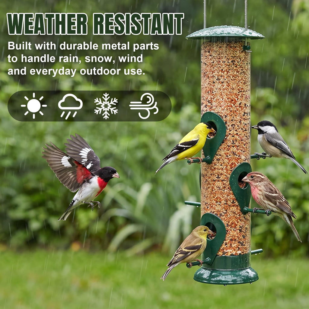 FEED GARDEN Metal Bird Feeder- 6 Port Tube Feeder for Outdoors with Metal Lid, Easy Fill & Clean, Weather Resistant, 13 Inch