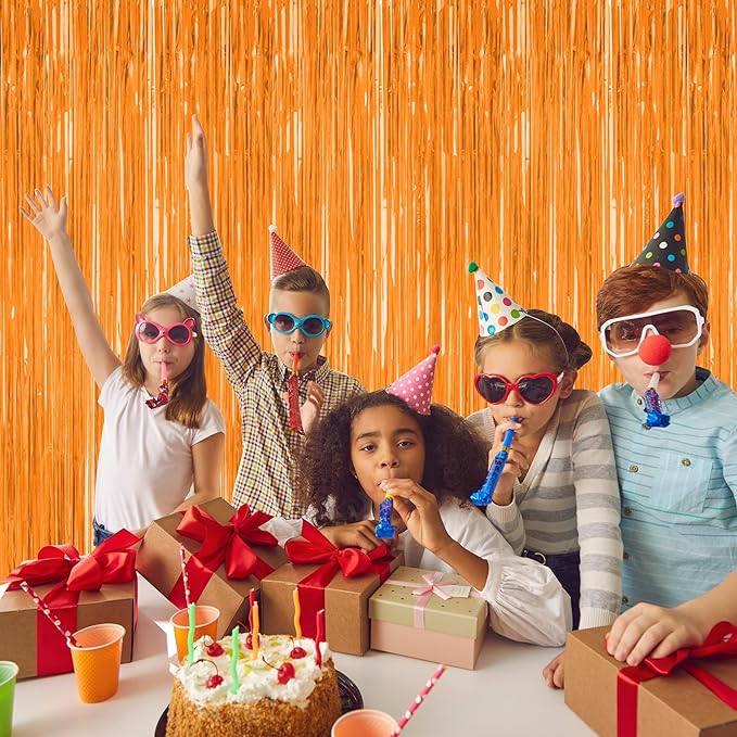 2 Pack Backdrop Curtains, 3.28 FT x 7.05 FT Orange Color Tinsel Backdrop, Metallic Party Streamer Fringe Curtains, Foil Curtains Halloween Decor Birthday Party Supplies