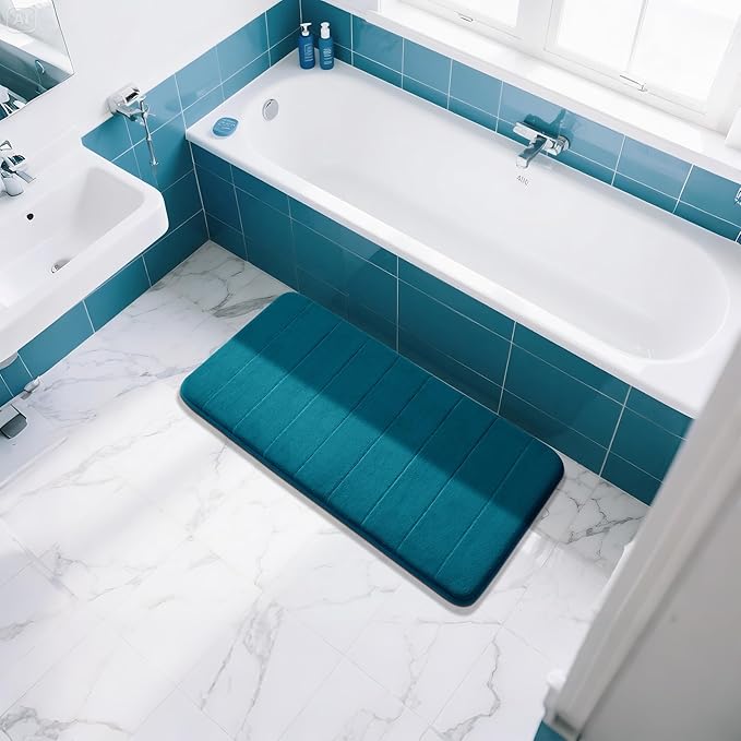 Yimobra Large Bath Mat 36"x24", Super Soft Quick Dry Memory Foam Bathroom Rug, Water Absorbent, Non Slip Backing Machine Washable for Tub Shower, Thick Comfort Support, Peacock Blue