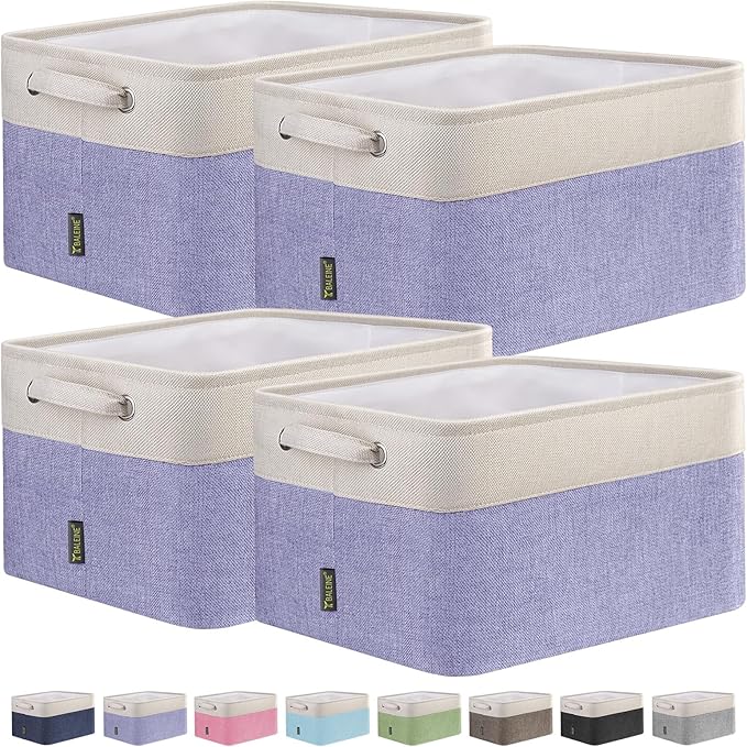 BALEINE 4 Pack Fabric Storage Bins for Shelves, Linen Storage Baskets for Organizing, Decorative Closet Bins for Clothes, Home (Lavender, 15''x11''x9.5'')