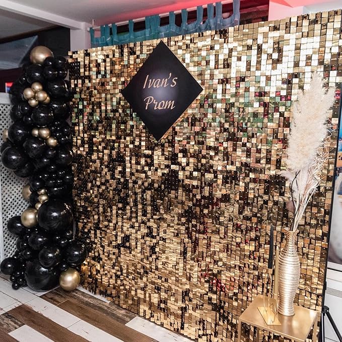 Qcity Light Gold Shimmer Wall Backdrop 36PCS, Black Back Not See-Through Design, Square Sequin Glitter Backdrop Panel, Perfect for Outdoor Events, Birthdays, Wedding and Party Decoration