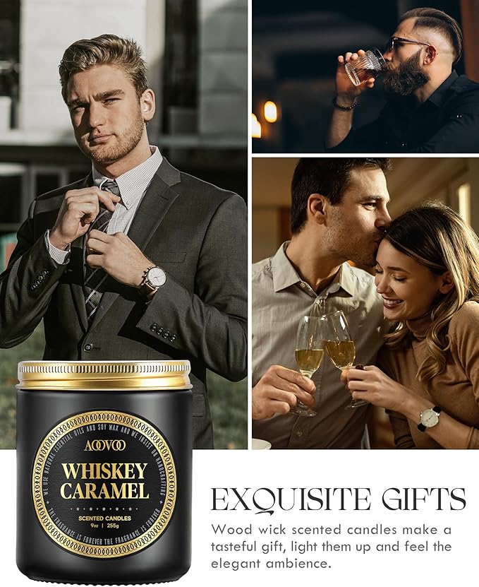 AOOVOO Scented Candles for Men - Premium Whiskey Caramel Candle for Home Scented | Crackling Wood Wick Soy Candles | Strong Fragranced Masculine Black Jar Candle Gift for Women & Men, AO-LZY0157