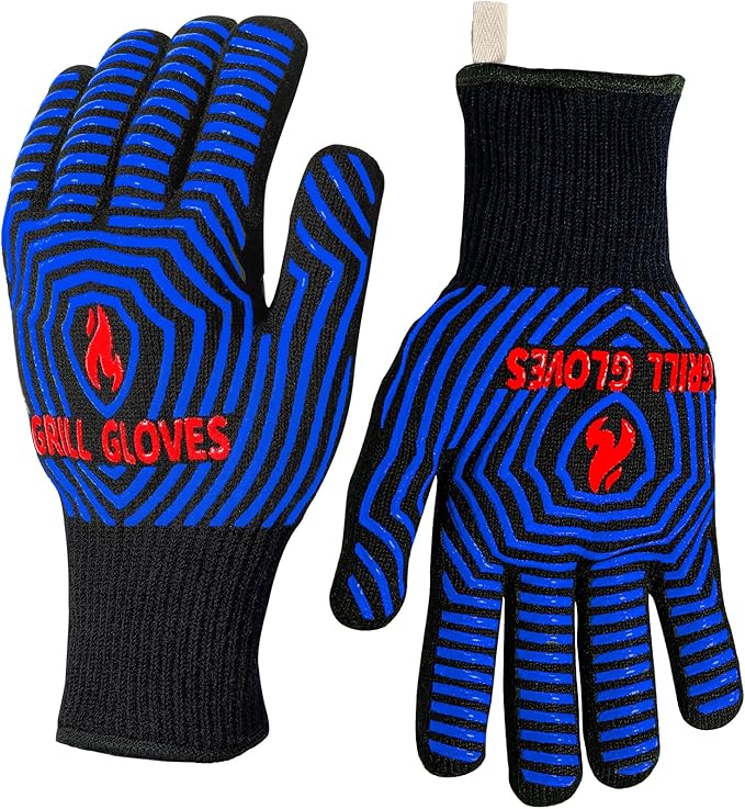 QUWIN BBQ Gloves, Oven Gloves 1472℉ Extreme Heat Resistant, Grilling Gloves Silicone Non-Slip Oven Mitts, Kitchen Gloves for BBQ, Grilling, Cooking, Baking-1 Pair (One Size Fits Most, Black/Blue)