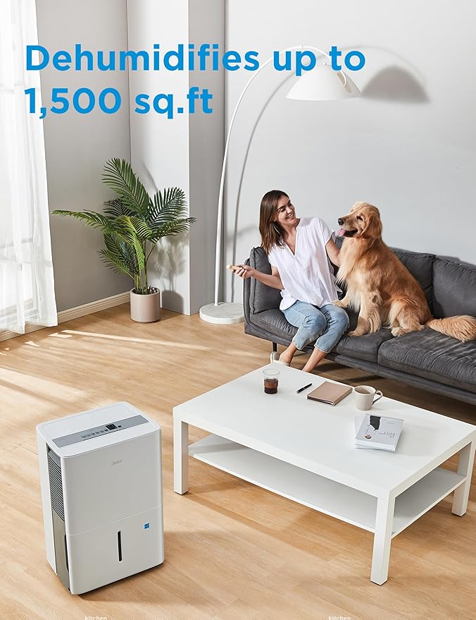 Midea 1,500 Sq. Ft. Energy Star Certified Dehumidifier With Reusable Air Filter 22 Pint - Ideal For Basements, Large & Medium Sized Rooms, And Bathrooms (White)