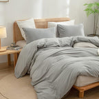 BESTOUCH Duvet Cover Set 100% Washed Cotton Linen Feel Super Soft Comfortable Chic Lightweight 3 PCs Home Bedding Set Solid Light Grey Cal King