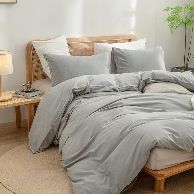 BESTOUCH Duvet Cover Set 100% Washed Cotton Linen Feel Super Soft Comfortable Chic Lightweight 3 PCs Home Bedding Set Solid Light Grey Cal King
